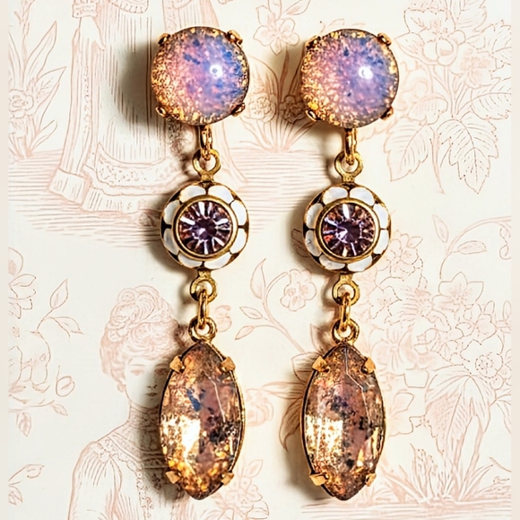 Pink Fire Opal & Rose Opal Flower Crystal Drop Down Earrings - Picture 1 of 5
